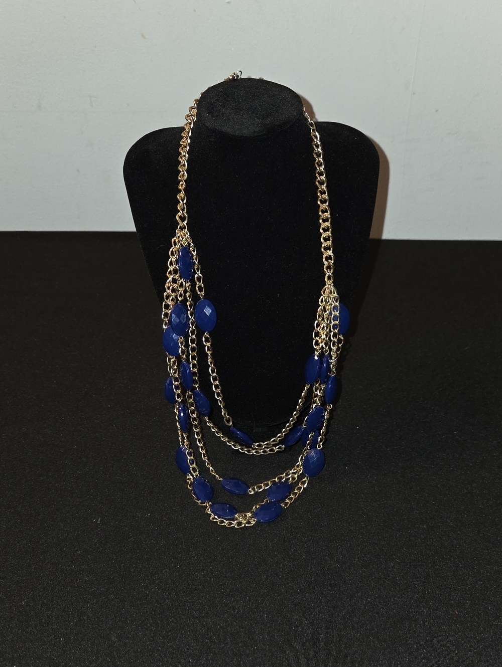 Gold Chain Multi-Strand Necklace with Royal Blue Beads